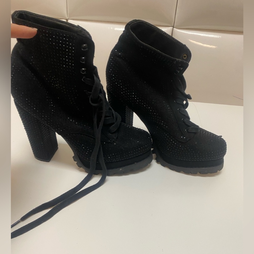Black Rhinestone Platform Boots - Booties - Crystal Chunky - Size 9.5